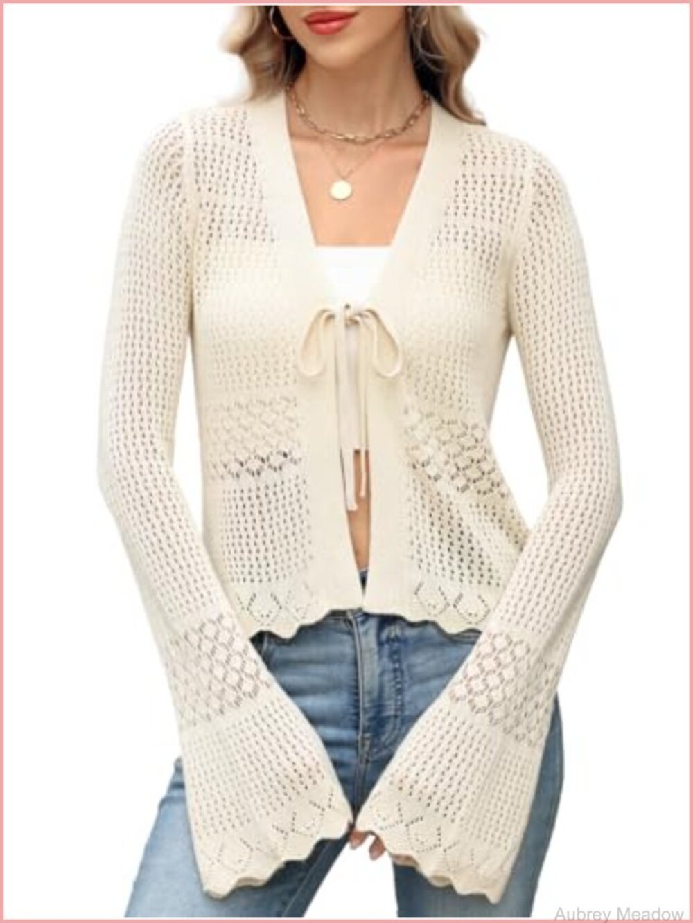 Crochet Cardigan Tie Front Bell Sleeve Lightweight Summer Knit Shrug